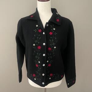 Karen Scott Sport Petite 100% Wool Embroidered Cardigan Sz PM
